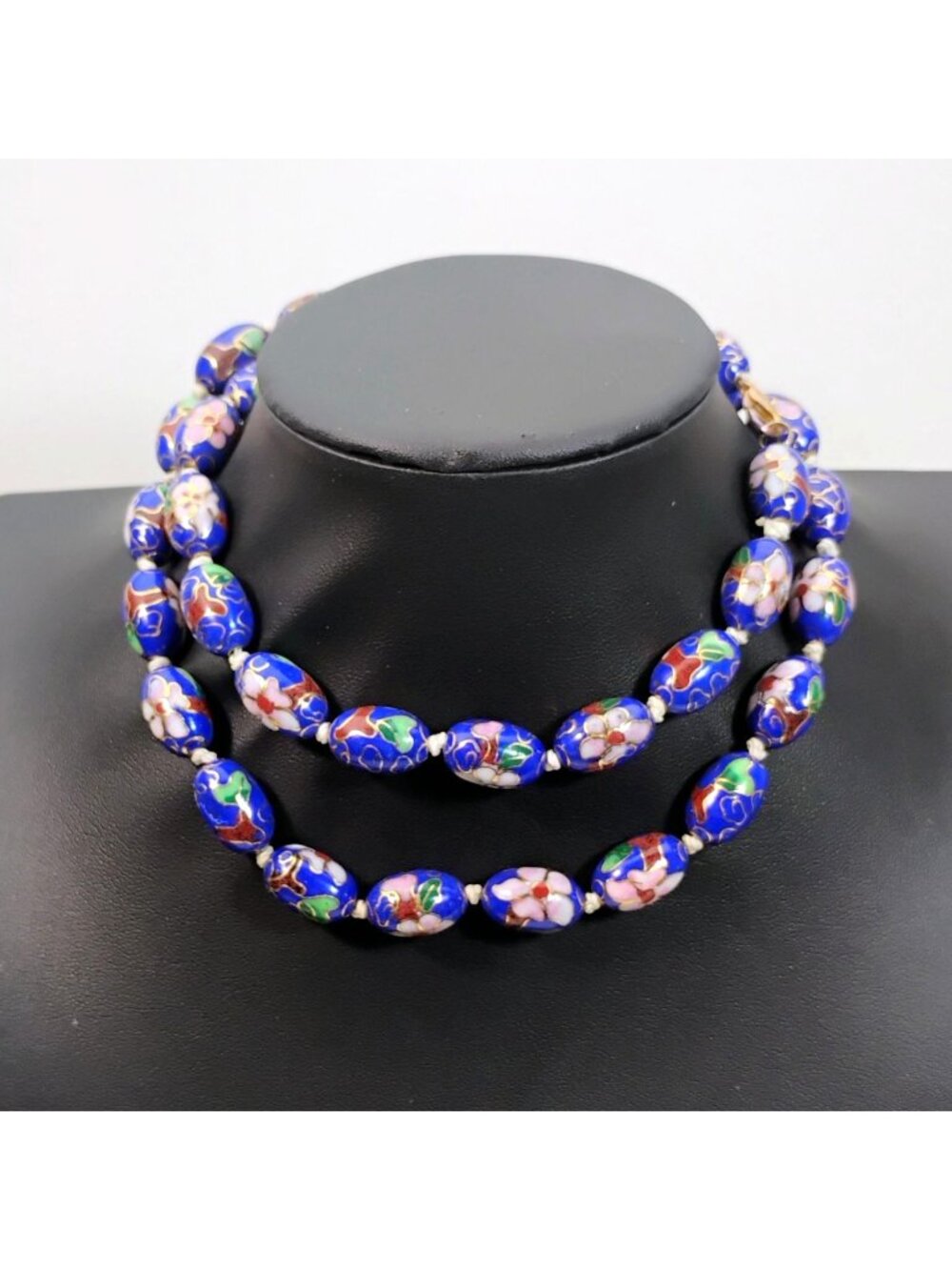 Vintage Chinese Cloisonne Hand Knotted Blue Pink Floral Oval Bead Necklace 26"